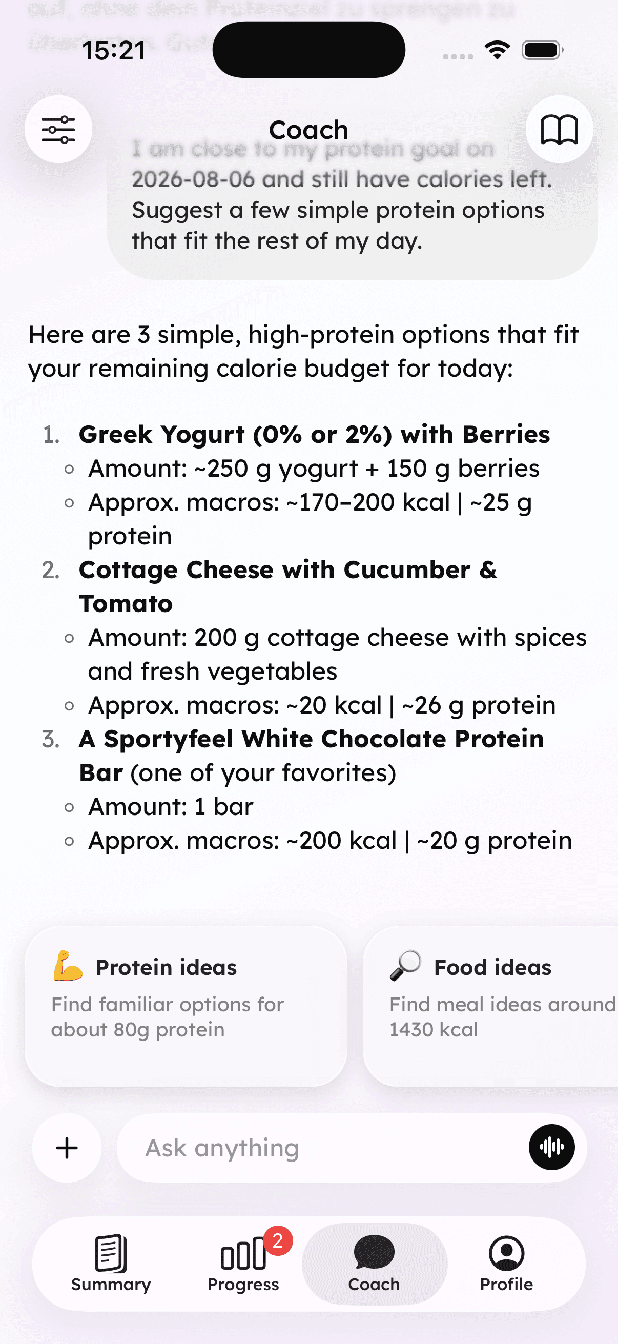 Kalorika Coach using the current day to suggest food that fits